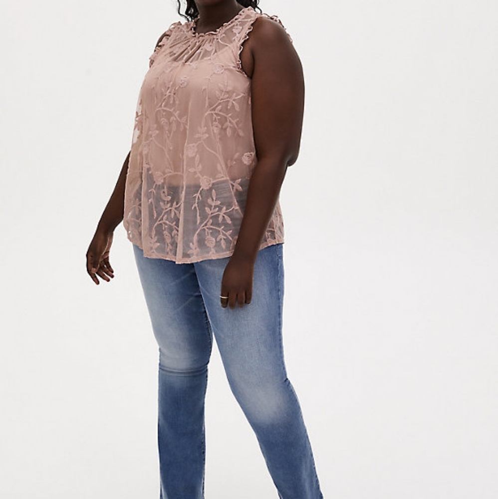 TORRID SHEER MESH EMBROIDERED RUFFLE BLOUSE